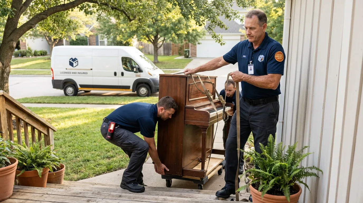 Licensed piano movers securing grand piano in Stonewall, MS
