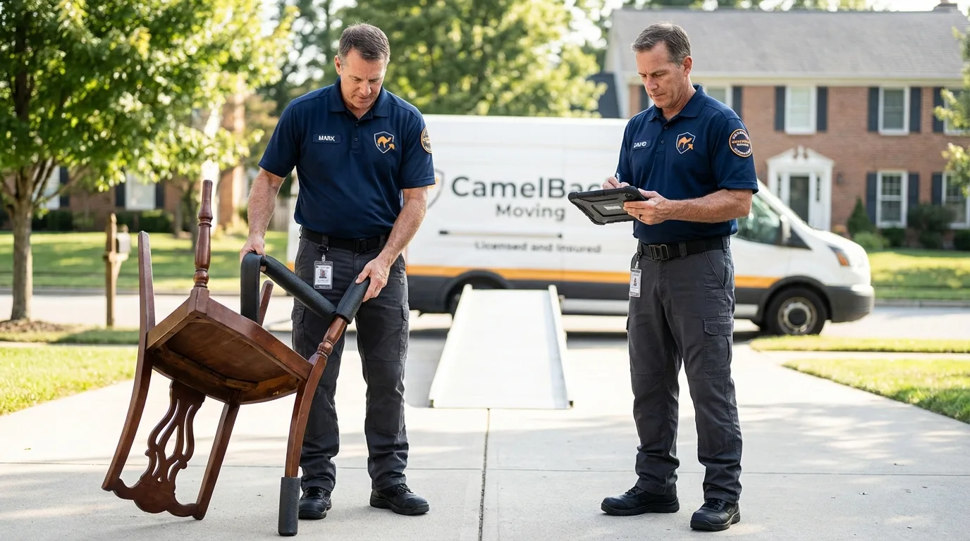 Movers inspecting furniture for damage prevention before loading in Stonewall, MS