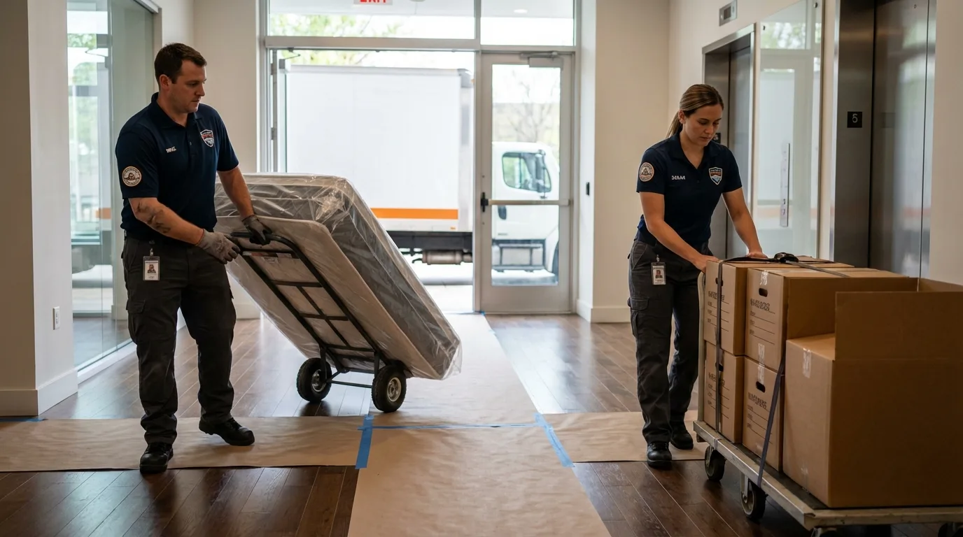 Professional apartment movers loading elevator in Stonewall, MS
